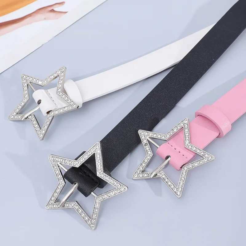 Y2K Womens Spicy Girl with Pink Black White Denim Star PU Leather Rhinestone Belt Ins Sweet Cool Tight Jeans Belt W250326