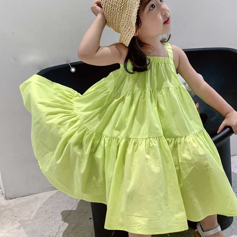 Girls Dress Summer 2024 Korea Sle Cool Casual Childrens Clothing Cake Princess Dress Baby Childrens Pendant Beach Vestdos W250326