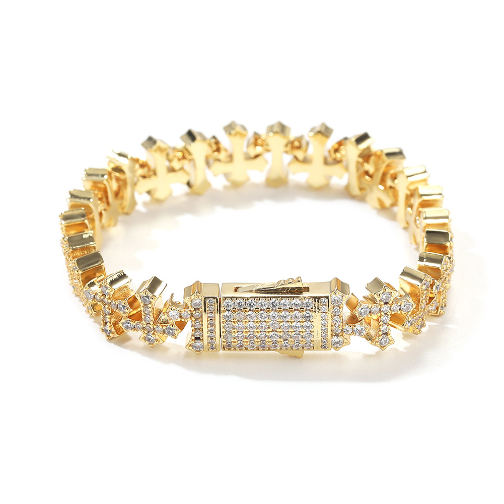 Hip Hop Cross Flowers Tennis Chain Bracelets 5A Zircon Real Gold plated Cool Men And Boys Jewelry