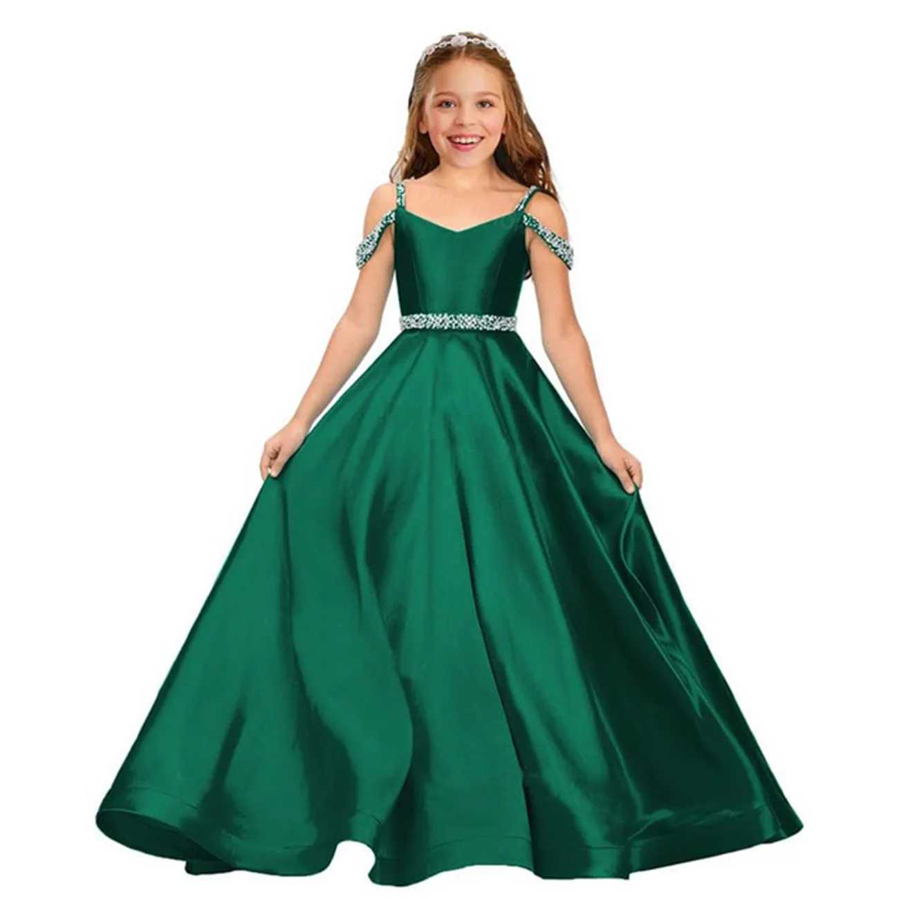 Elegant satin childrens wedding Par dress with long beaded shoulders birthday flower girl dress formal evening gown W250326