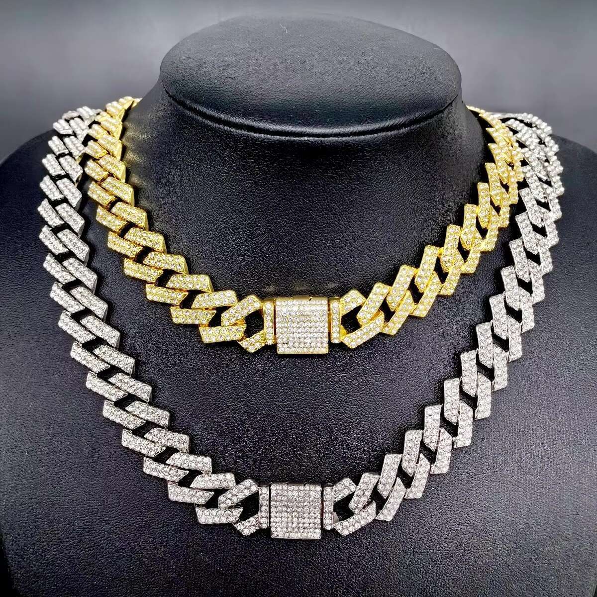 Hip Hop Fashion Diamond Set 15mm Diamond Miami Full Ice Gold Necklace Bracelet