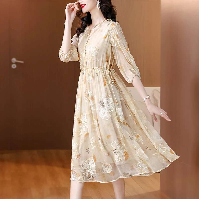 2024 Summer High end Mulberry V-neck Embroidered with Silk Charm Medium to Light A-e Long Dress
