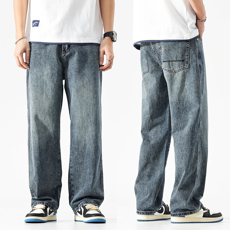 Wide leg jeans mens pocket pants summer straight cut loose fit vintage blue streetwear fashionable pockets clothing 250326