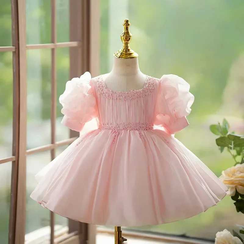 Customized ivory flower girl wedding dress for wedding pearls elegant bow and knee length childrens birthday parties sacred banquet dresses W250326