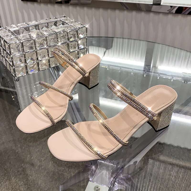 Size 32-43 Rhie High Open Toe Slippers Block Heel Sandals Women Summer Shoes