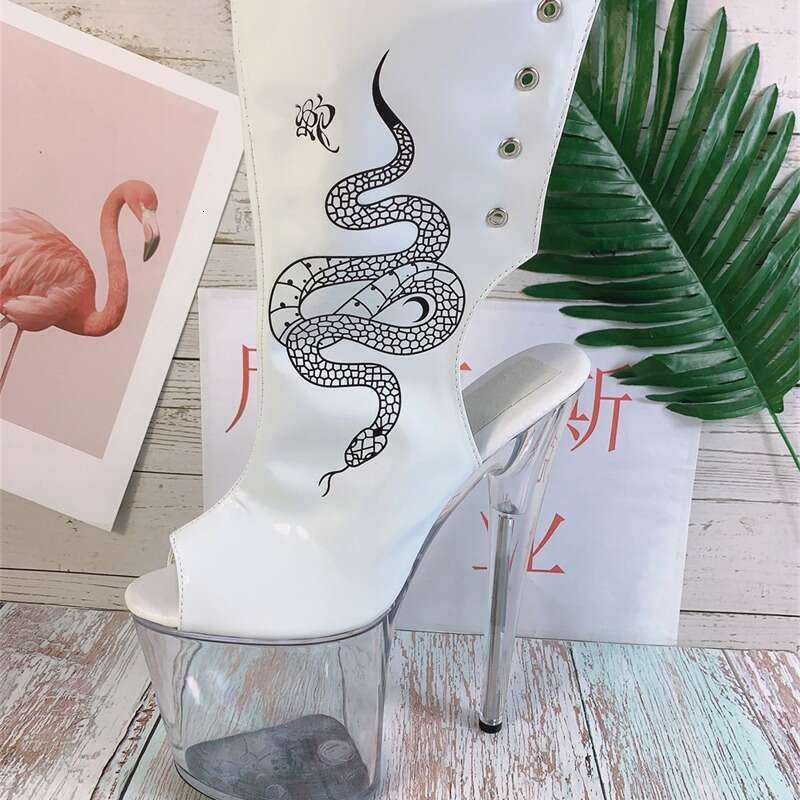 High Heel Cm Summer Round Headed Rattlesnake Pattern White Transparent Sole Women S Short Fish Mouth Boots All Waterproof Platform Low Tube