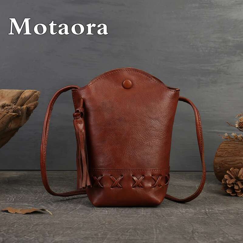 MOTAORA New Small Cowhide Women Shoulder Casual Tassel Bucket Handbag Mini Genuine Leather Mobile Phone Crossbody Bag Purse