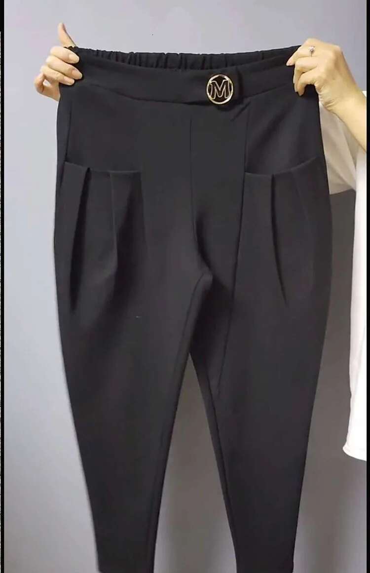 Autumn Casual Pocket Black High Oversized Trousers Women's Vintage Solid Color Elastic Waist Harem Ladies Pants