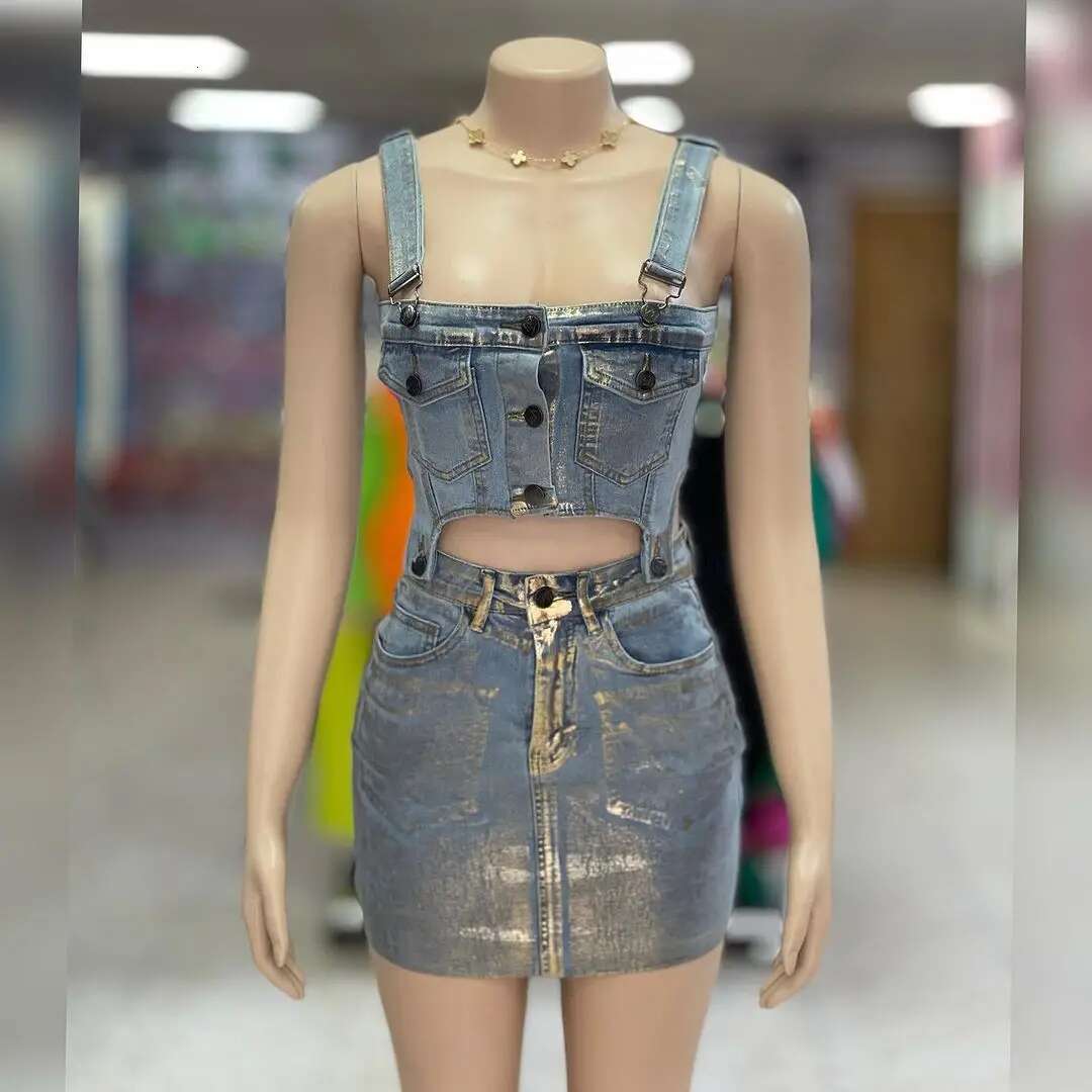 Streetwear Jeans Outfit Sexy Women Elegant Two Pieces Denim Club Matching Set Top+Mini Skirt