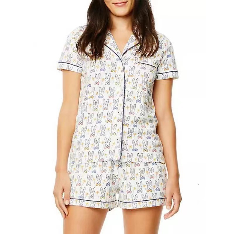 Spring and summer new short sleeved suit style casual printed cardigan women's home wear2025