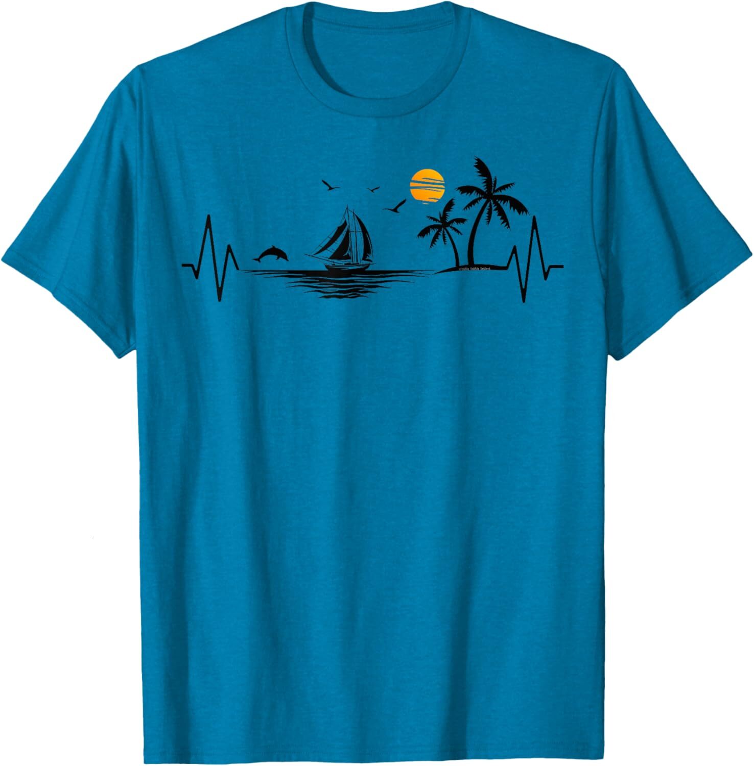T shirt for Mens Heartbeat with Sailboat Tropical Palm Trees Beach Island Graphic Tee Casual Tops Clothes Short sleeve cool