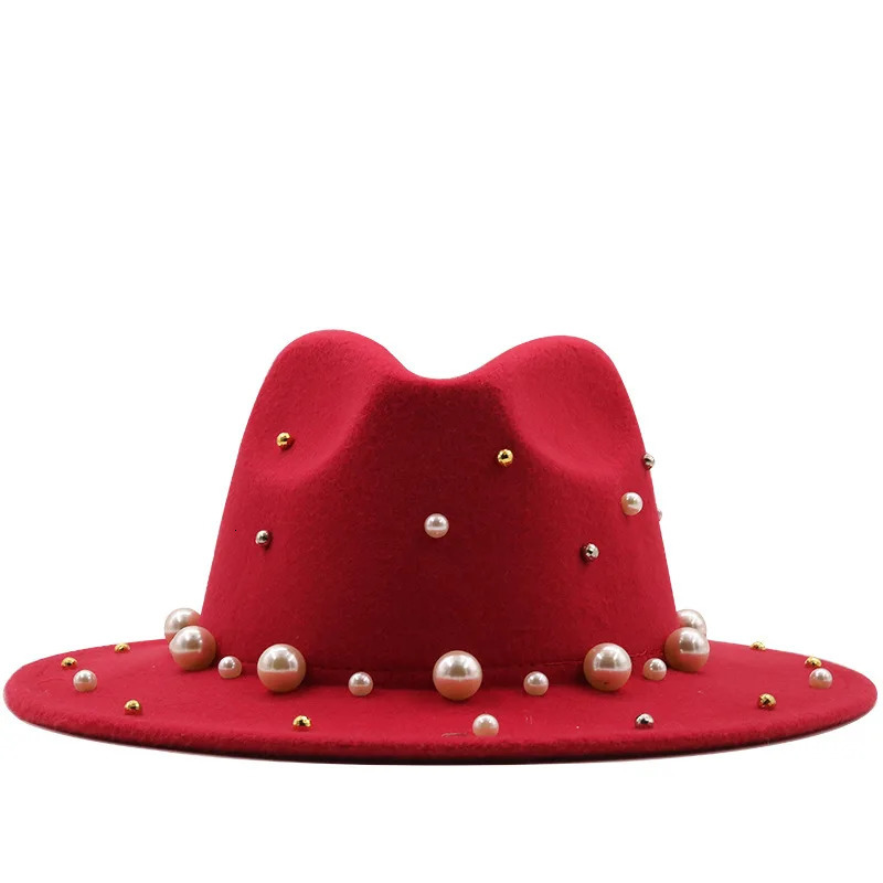Spring and Autumn Womens Wide Brim Artificial Wool Felt Top Hat Pearl Decoration Jazz Party Wedding Brown Fedora Hat 250325
