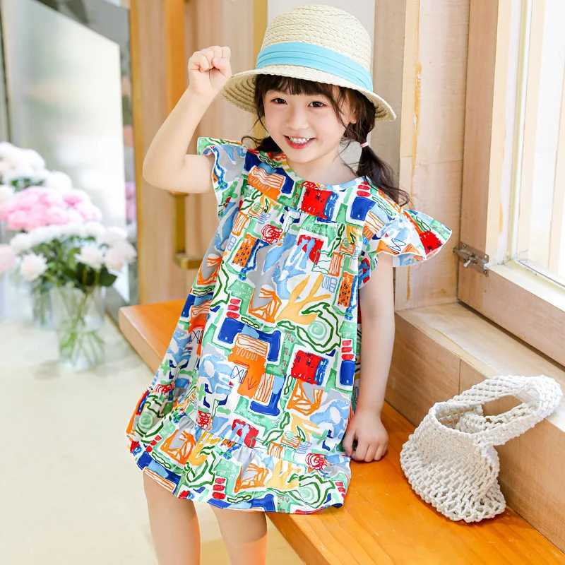 Girl Dresses100% Cotton Childrens Clothing Summer Kids Clothes Girls For Princess Fashion Outfit Flower Pattern Beach Dresses W250326