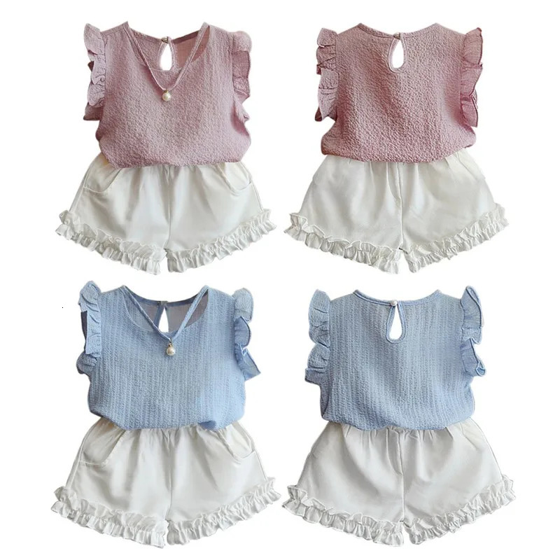 Girls Chiffon T-Shirt Shorts Set Summer Pearl Sleeveless Top Solid Shorts Stylish Cute Clothes 3-8 Years ChildrenS Wear Set 250325