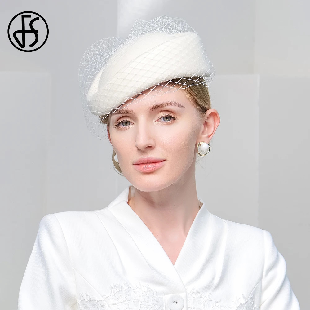 FS Aries Hairy Felt Beret British Womens Wedding Hat Church Fedoras Hat with Veil Black Womens Charm Hat 250322