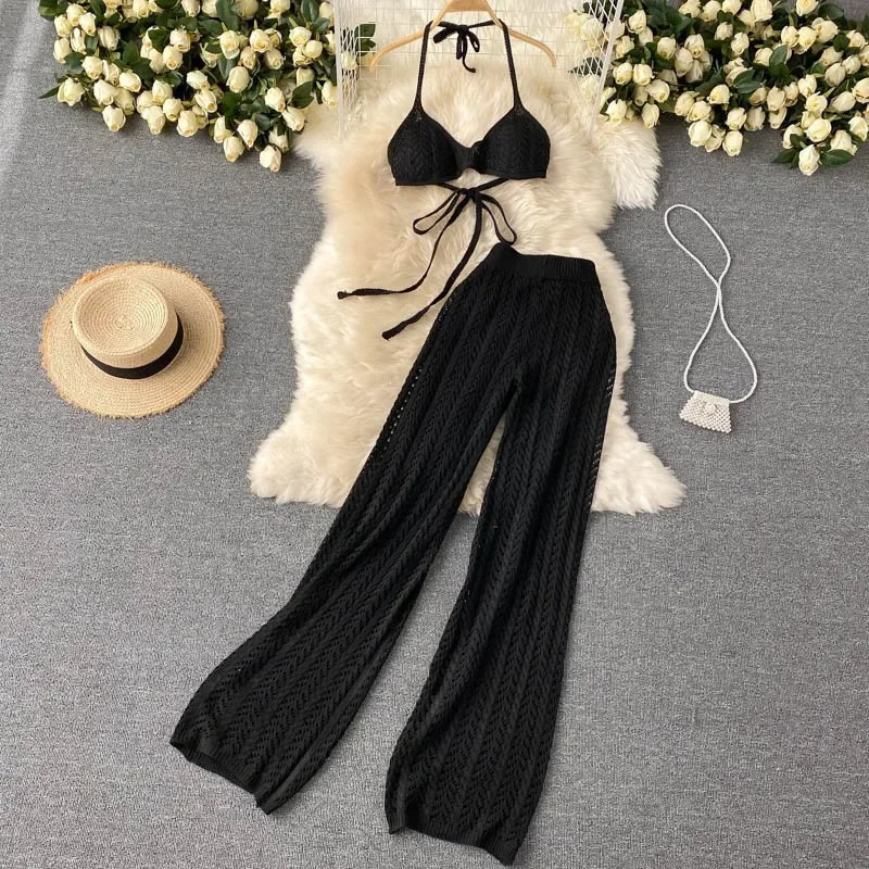 Beach Holiday Set Womens Summer Sexy Bikini Tie Collar Top Hollow Knitted Wide Leg Pants 250321