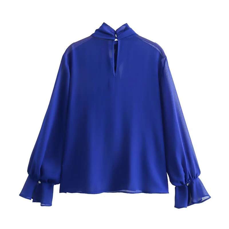 KEYANKETIAN New Launch Women's Tie Decoration Royal Blue Shirt Elegant Office Lady Petal Sleeve Chiffon Blouse Pullover Chemise
