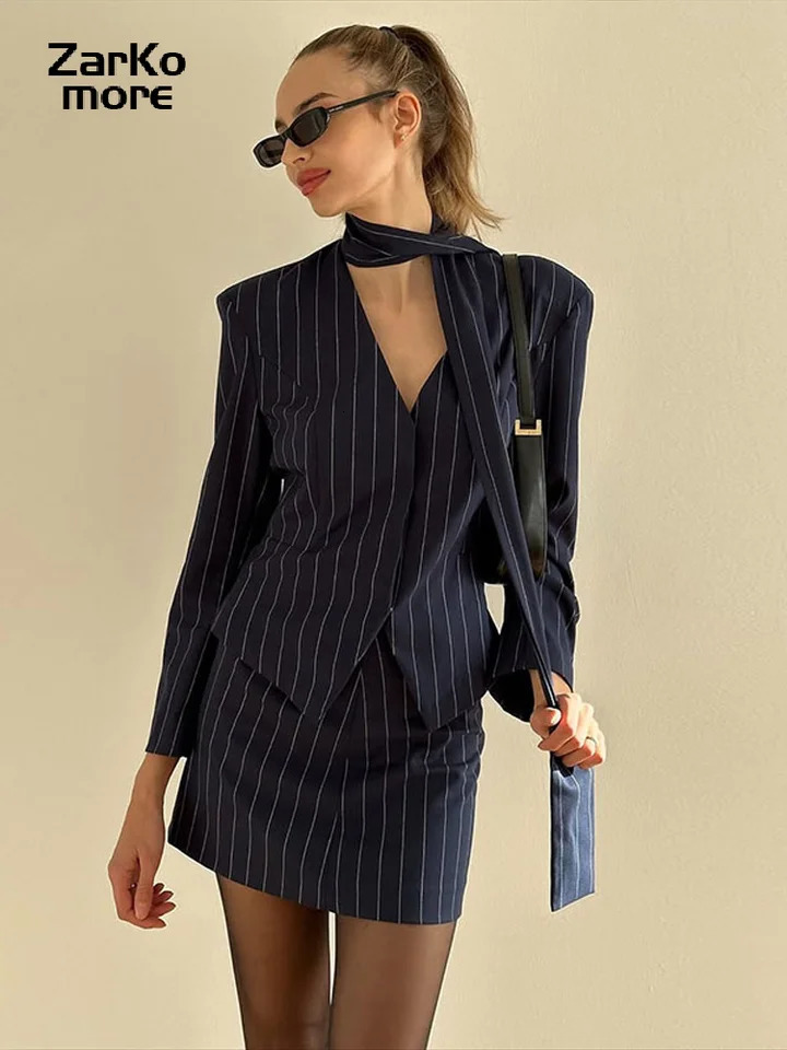 Striped jacket mini womens collar scarf jacket A-line short sleeved 2-piece spring office womens clothing 250321
