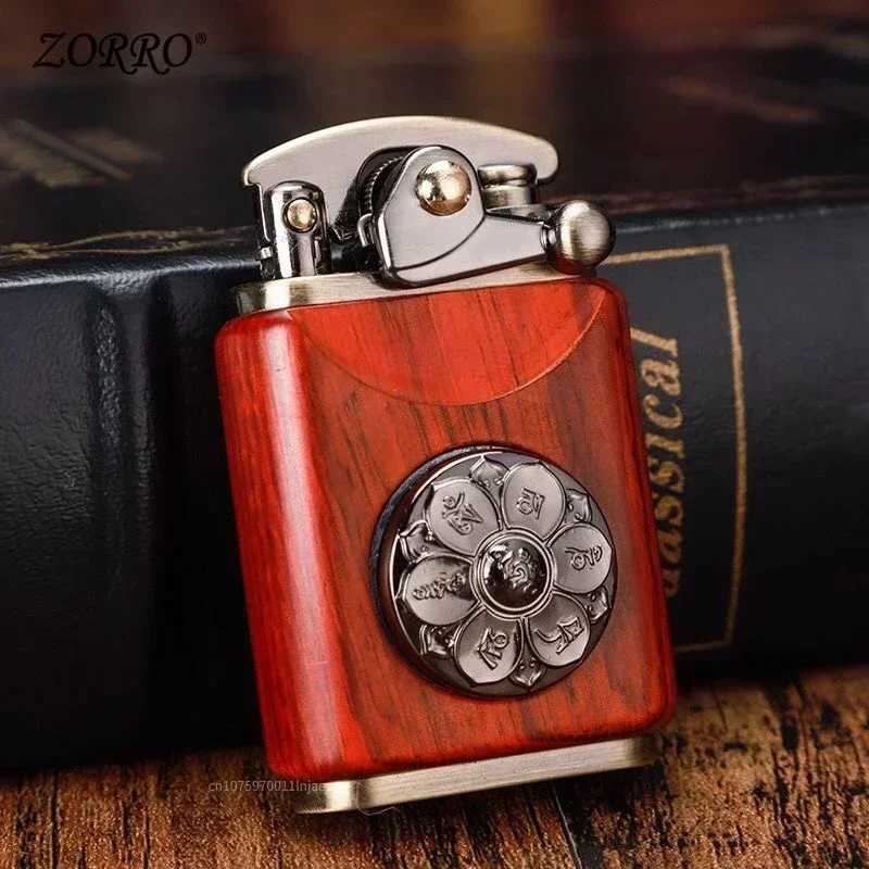 2025 Rosewood Wooden Zorro Rocker Kerosene Lighter Retro Copper Old Nine Doors Creative Mahogany Cigarette Lighter Mens GiftC250326