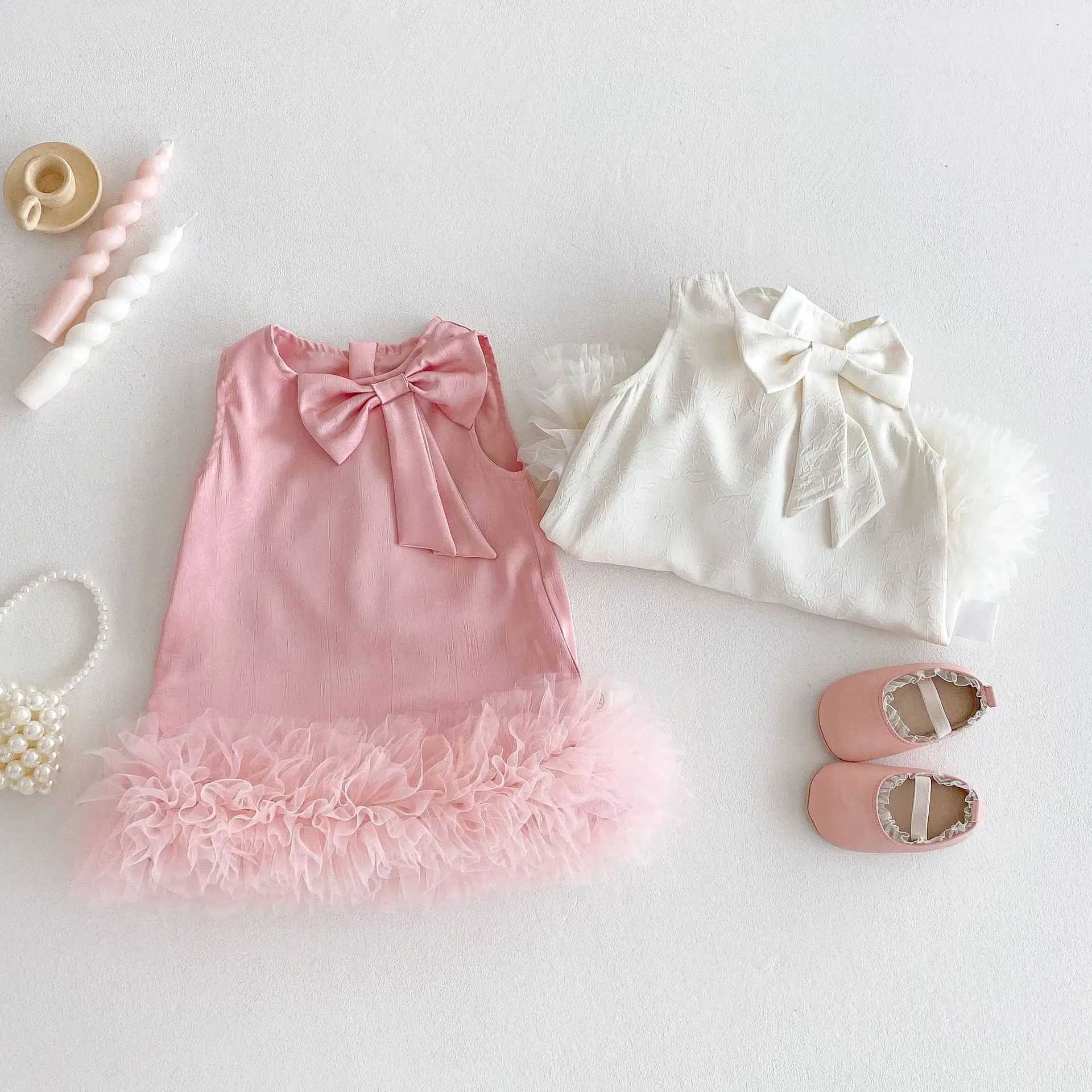 Girls Sleeveless Princess Dress 0-5Y New Summer Girl Baby Solid Color Mesh Dress Fashion Childrens Korean Style Dress W250326