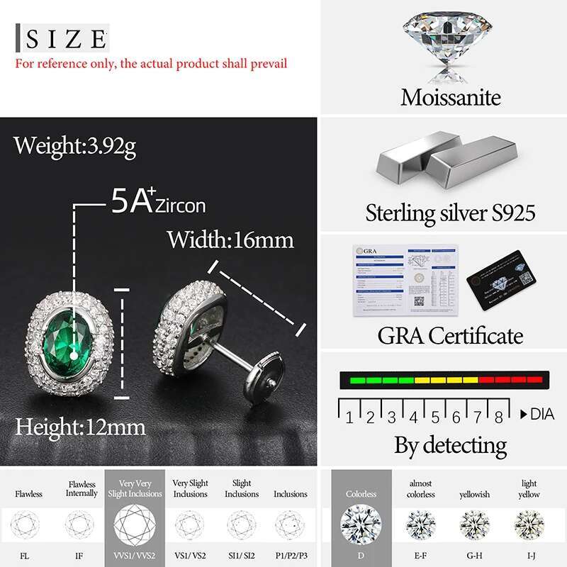 High Quanlity Color Earrings 100% 925 Silver For Men Full Iced Out Moissanite Hip Hop Charm Jewelry Anniversary Gifts