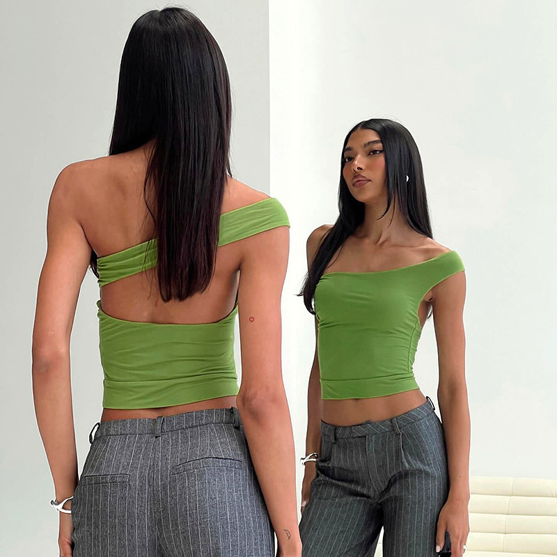2025S Fashion Designer Q TP Women S Autumn And Winter Diagonal Cross Straight Hanging Neck Often Worn Backless Short Style Crop Top T Shirt