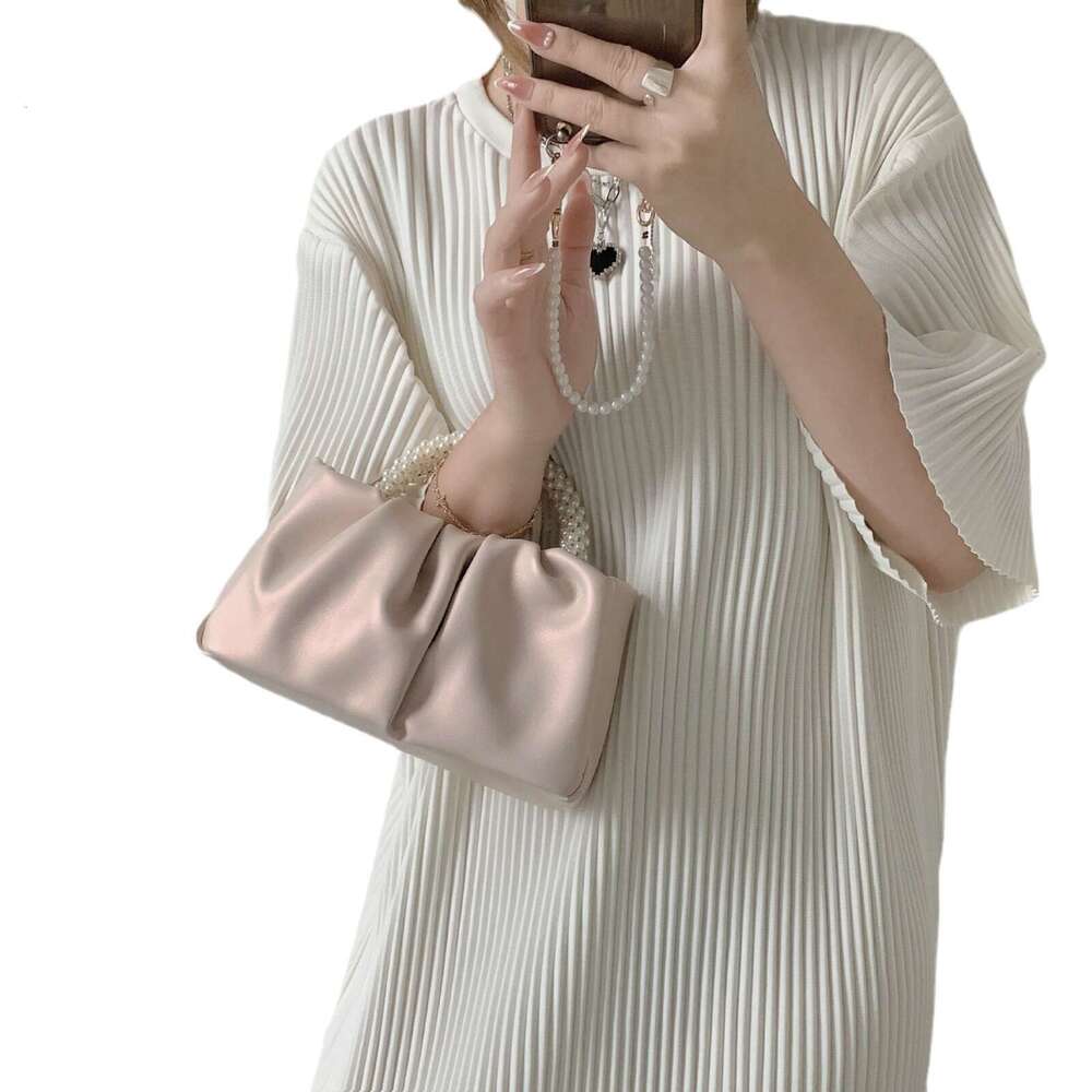 62 Women's 2024 New Trendy Fashionable Round Pearl Handheld Folded Cloud Bag, Small and Elegant One Shoulder Crossbody Bag