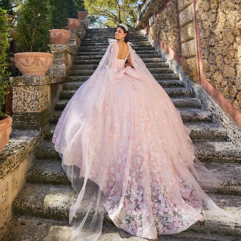 Pink Shiny Quinceanera Dresses Sequin Appliques Flowers With Cape Court Train Floor Length Birthday Party Prom Vestidos De 15 Anos Sweet 16 Dress