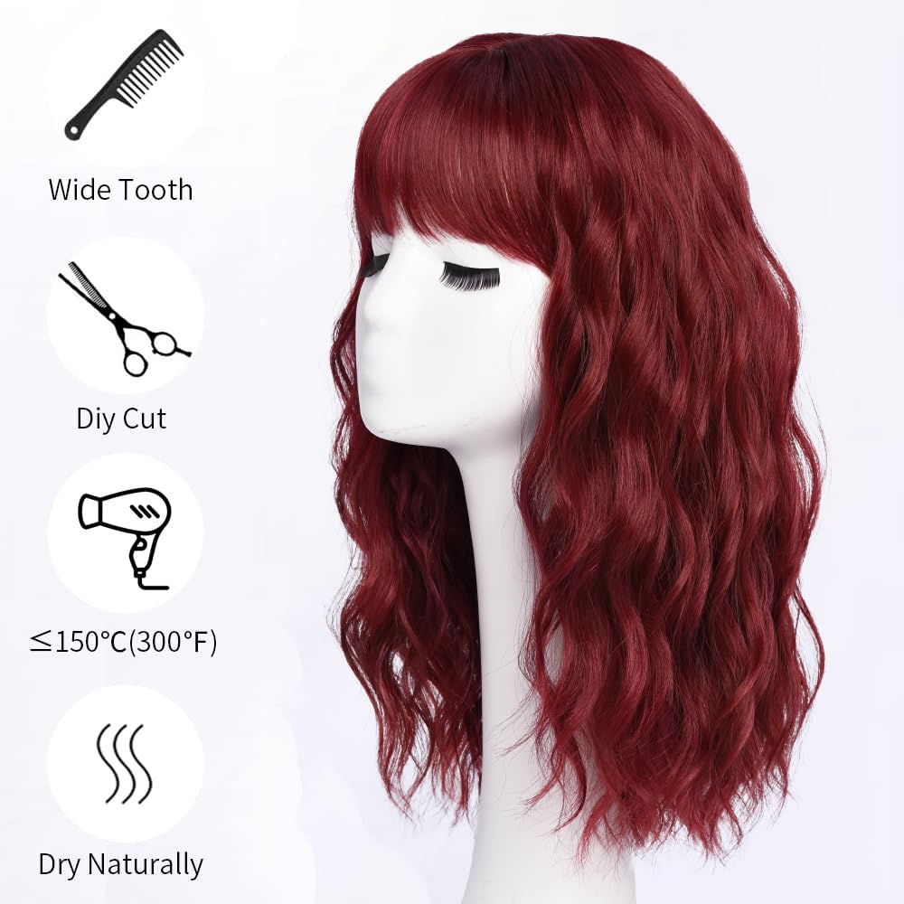 Burgundy Wigs with Bangs for Women Synthetic 16inch Medium Length Wigs with Natural Long Wavy Fringe Bang wig Heat Resistant Hair for Daily Party Use(