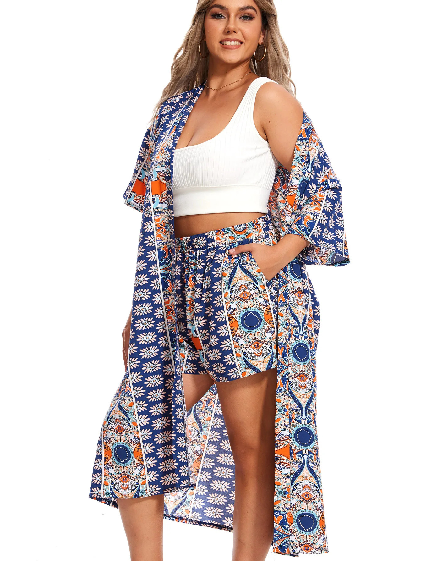 Plus Size Print Two-piece Set Short Sleeve Open Front Kimono Elastic Waist Shorts Outfits Womens Plus Size Clothing 250324