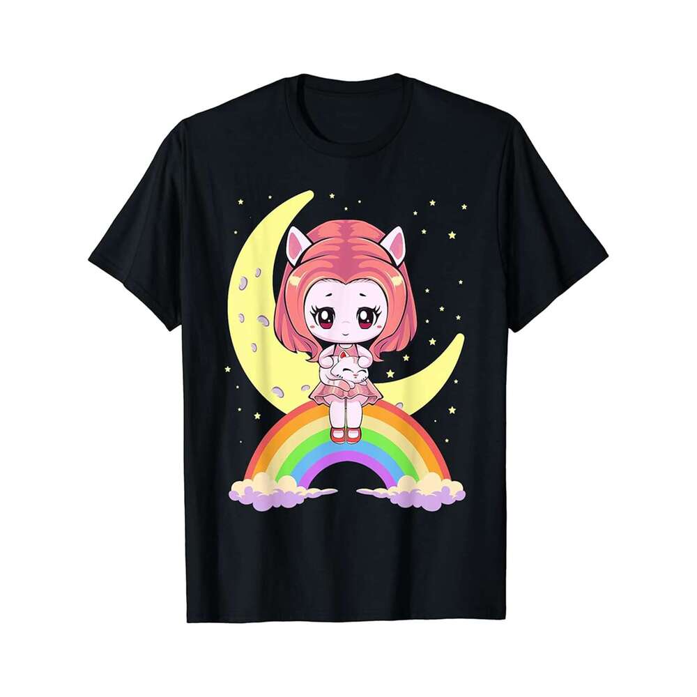 Designer T shirt Neko Girl with Cat on Rainbow Crescent Pastel Goth Kawaii - 220g Tshits