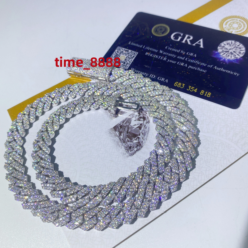 Sterling Silver 10mm Moissanite Prong Cuban Chain Moissanite Necklace