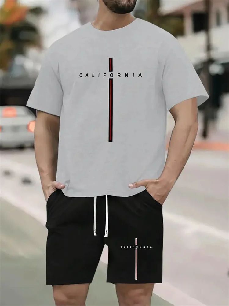 summer solid color letter printing set casual sportswear mens office set short sleeved T-shirt street simple two-piece set 250324