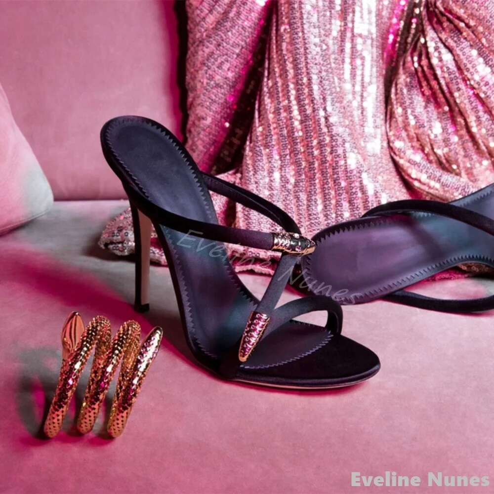 Metal Snake-shaped Buckle Women Peep Toe Stiletto Heel Shiny Rhies Hollow One Word Belt Slippers 2025 Sexy Sandals