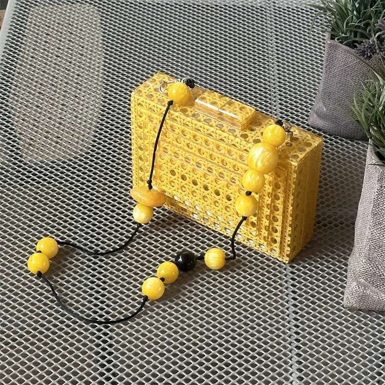 Women Square Cane Bag Rattan Acrylic Clutch Bag For Party Purse Summer Beach Wicker Handbag Designer 2024 New