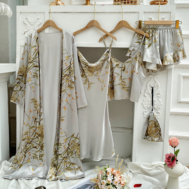 Spring and summer home wear four piece printed style pajamas women's with suspender sleeved long sexy nightgown set