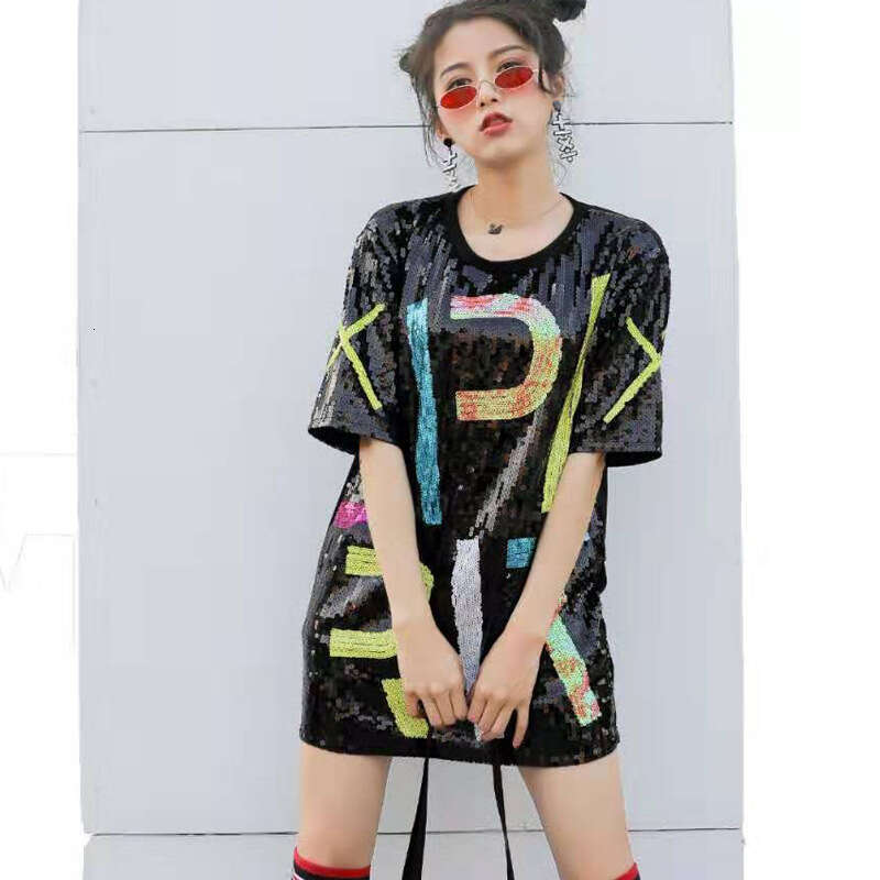 Korean version new fashionable plus size loose sparkling sequin letter top women's mid to long versatile T-shirt trend