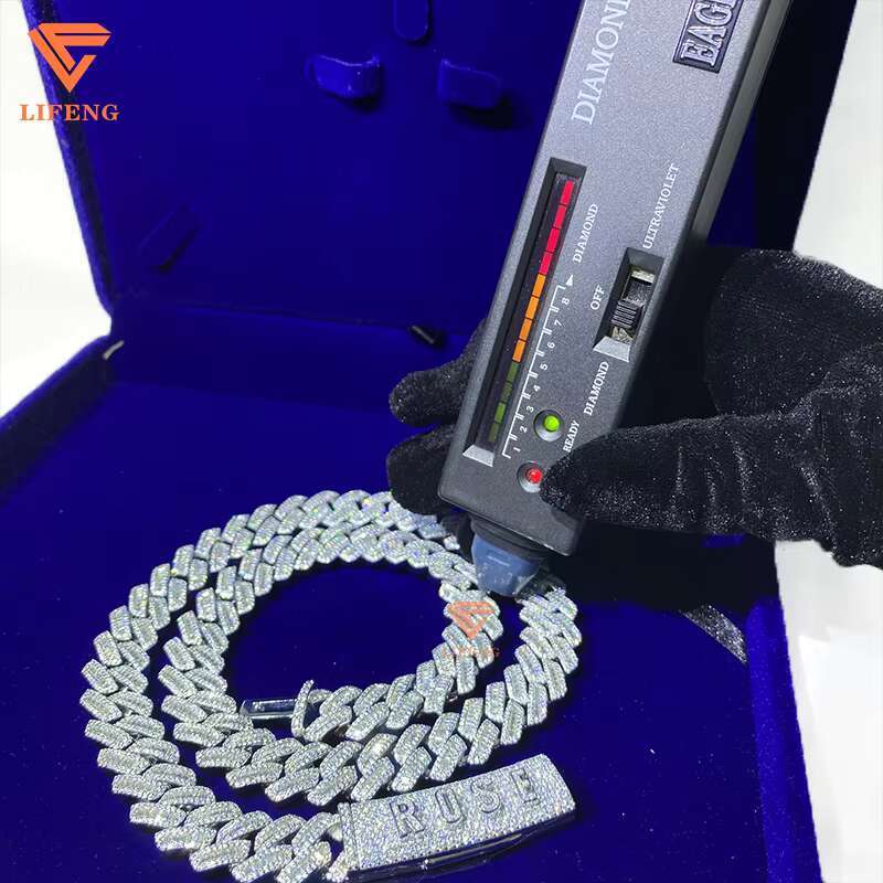 Custom Clasp Letter Fashion Cuban Link Chain 14mm Baguette Cut Moissanite White Gold Cuban Necklace 925 Sterling Silver Necklace