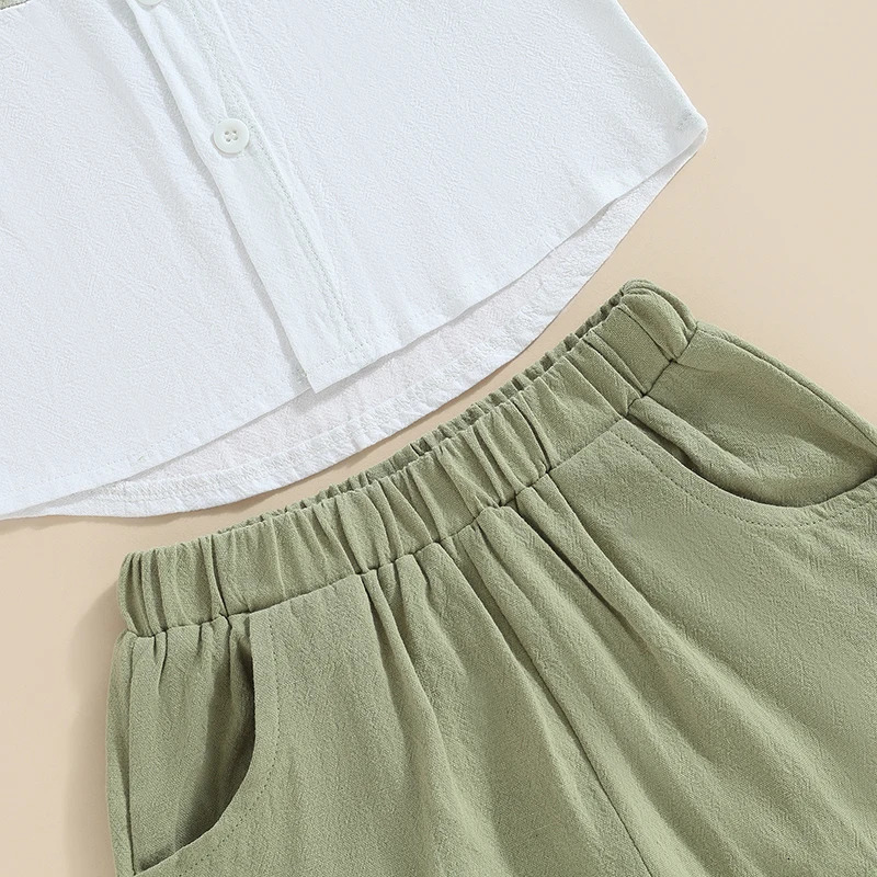 Boys Summer Fashion Set with Short Sleeve Pocket Shirt and Solid Color Shorts Turn-Down Collar Outfit for Kids 2-Piece Suit 250325
