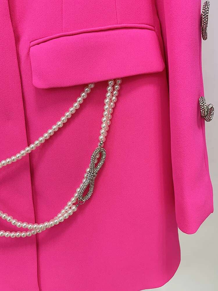 HIGH STREET Newest 2025 Designer Stylish Fashion Women's Pearls Chain Dias Beaded Hollow Out Bow Sleeve Blazer Dress