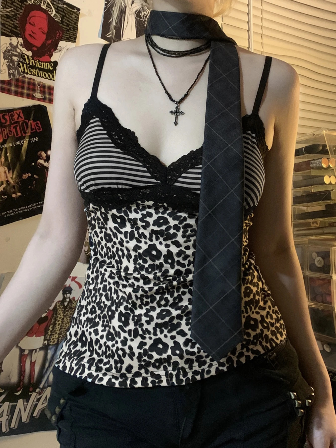 AltGoth Pastel Goth Y2k Leopard Camisole Womens Street Clothing Retro Harajuku Lace Patchwork Crop Tank Top Emo Alt Grunge Clothing 250321