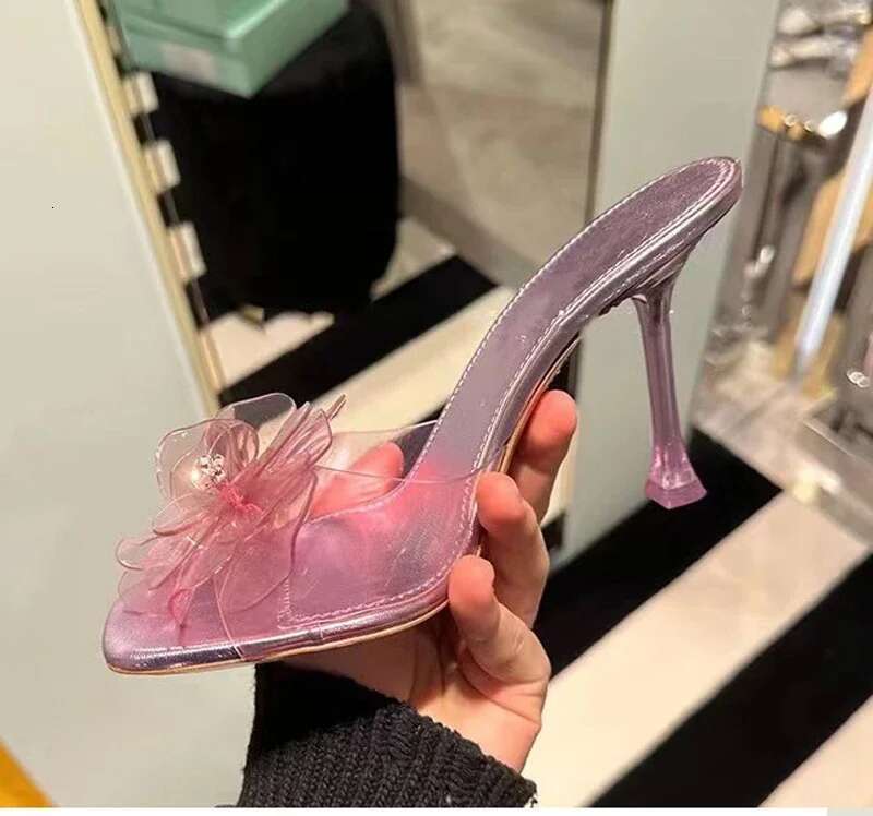 Clear Film Crystal PVC High Heel Slipper Peep Toe Blue Pink Transparent wer Cup Heels Shoes Woman Sgbacks Sandals