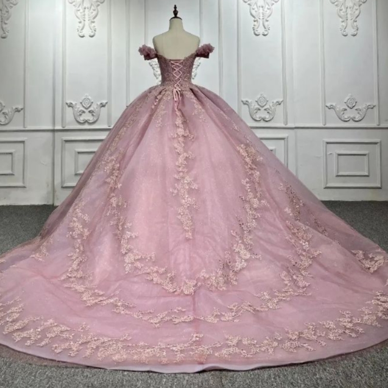 Glittering Pink Sweetheart Quinceanera Dress Off The Shoulder Party Party Dress Lace Applique Beads Sweet 16 Princess Vestidos De 15 Anos