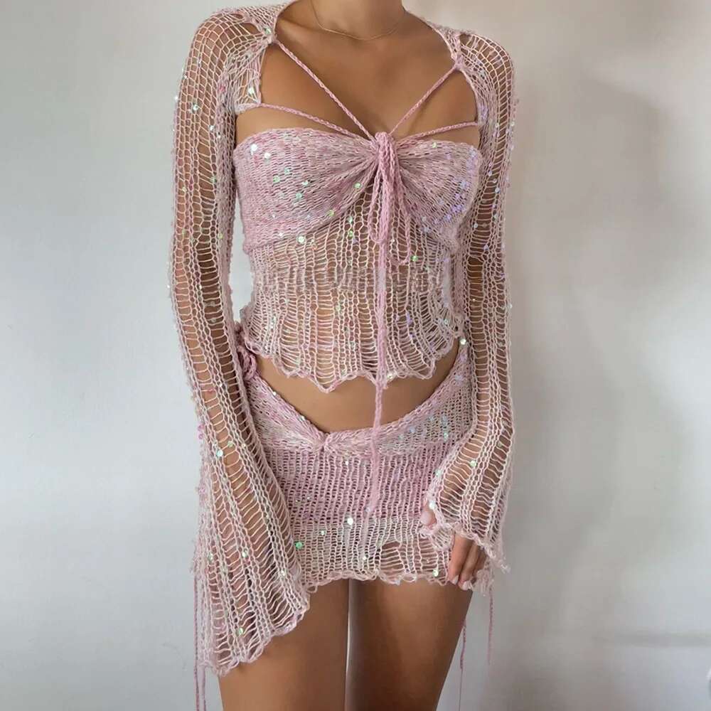 2025 Spring Autumn Clothes 3Pcs Set New Knitted Cardigan Korean Fashion Sweet Cardigans For Women Band Sequin