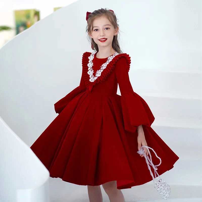 New Years Elegant Girl Red Dress Childrens Par Long Sleeve Ball Dress Piano Performance Childrens Girl Classic Slimming Dress W250326