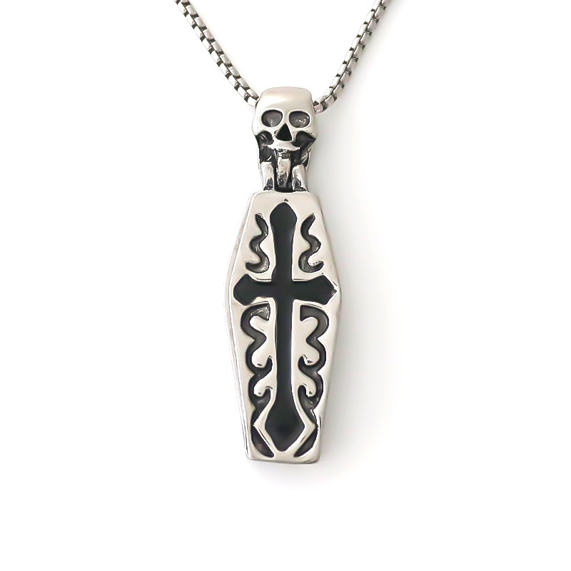 Punk Wolf Tide Domineering Cross Coffin Skeleton Man Pendant Thai Silver Male Necklace Vampire Jewelry Bling Crystal Rapper Jewelry Wholesale Bijoux