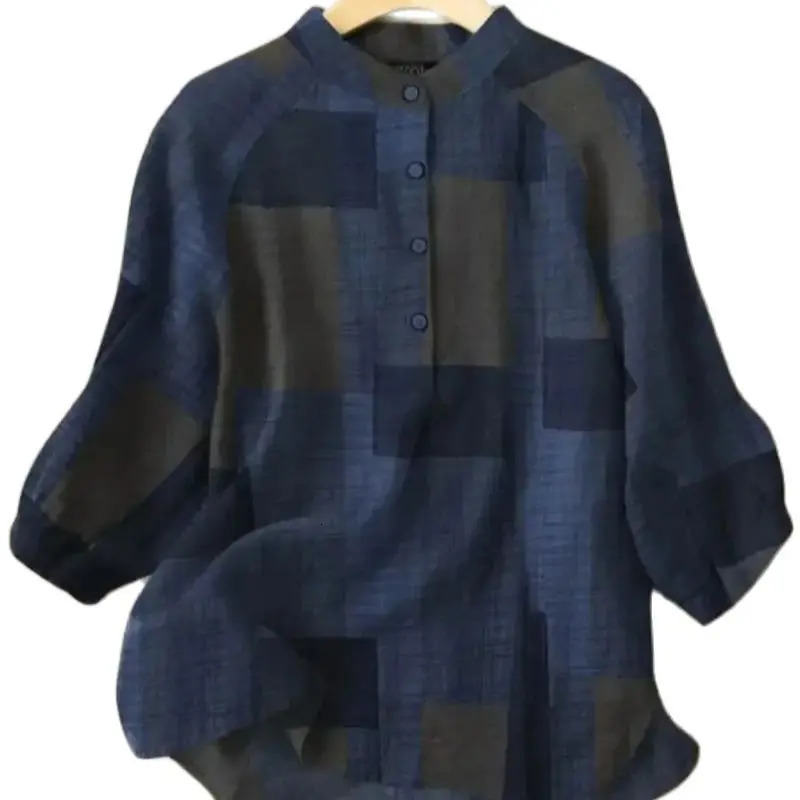 Fashionable summer womens plain weave shirt retro oversized 2024 spring 34 sleeve top casual loose button up Blusa Femme 250326