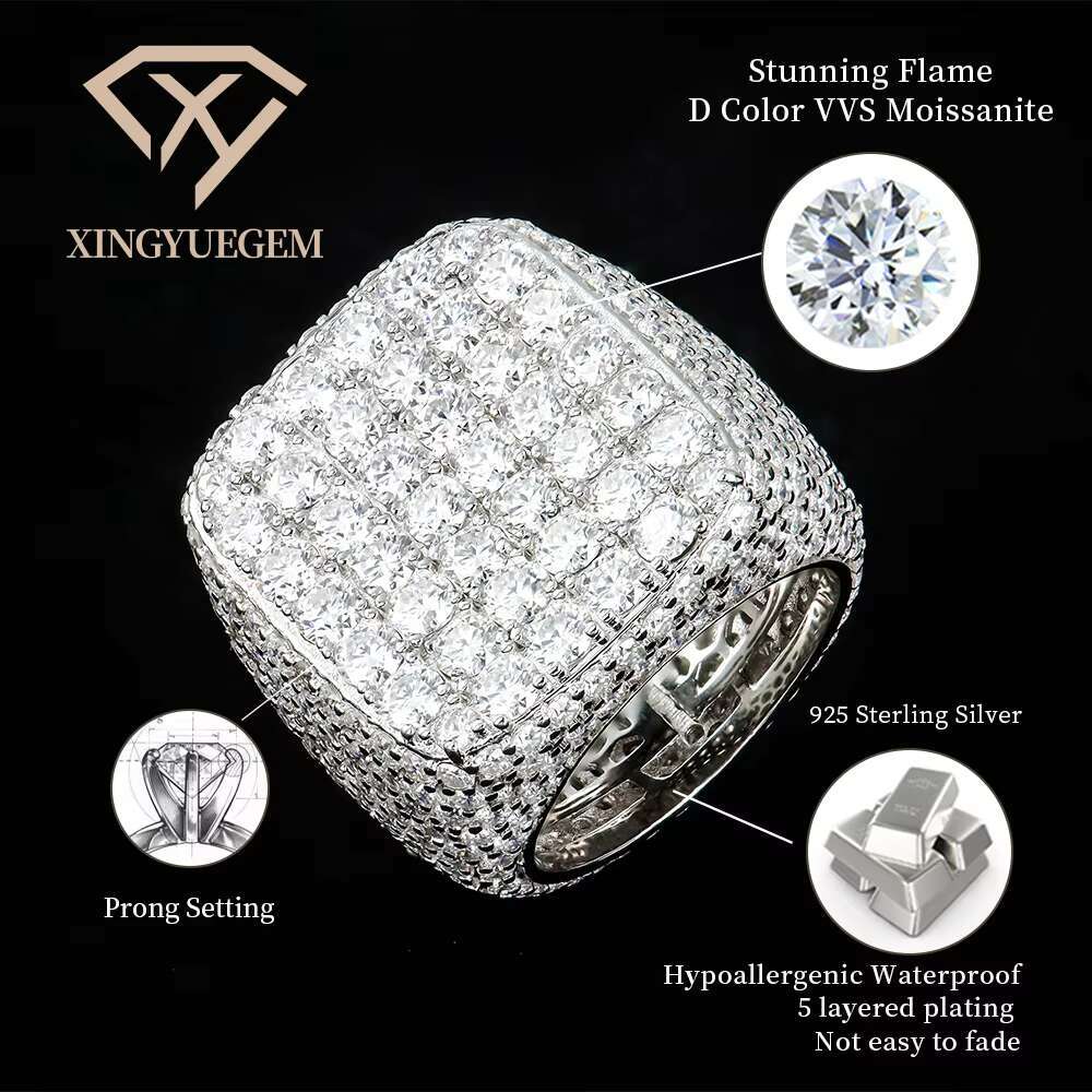 Hip Hop Custom Gra Certified Trending Pure S925 Sterling Silver Jewelry Mossanite Moissanite Diamond Iced Out Cuban Ring for Men