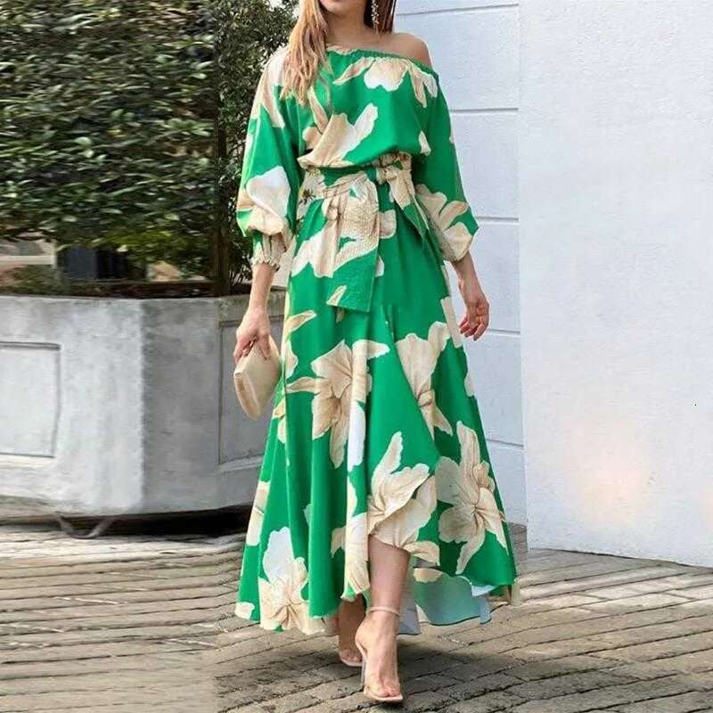 Basic Casual Dresses Woman New Elegant Skew Shoulder Long With Printed Lantern Sleeves High Waist Dress For Women
