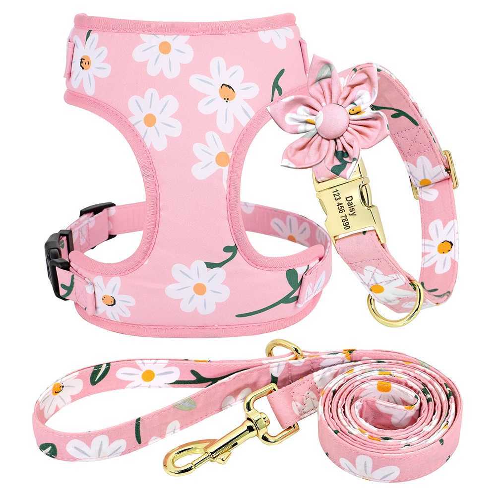 3/4 personalized dog collars harnesses treatment bags floral pets carved collars breathable harnesses suitable for small and large dogs X250326